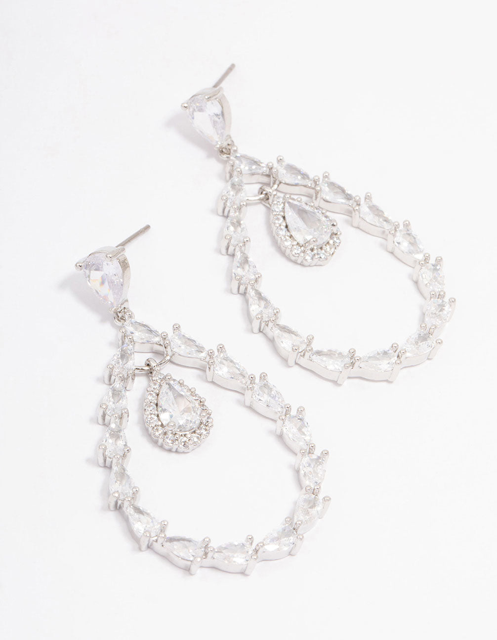 Rhodium Cubic Zirconia Pear Stone Drop Earrings