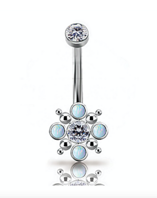 white opal and cubic zirconia belly banana and curved navel bar