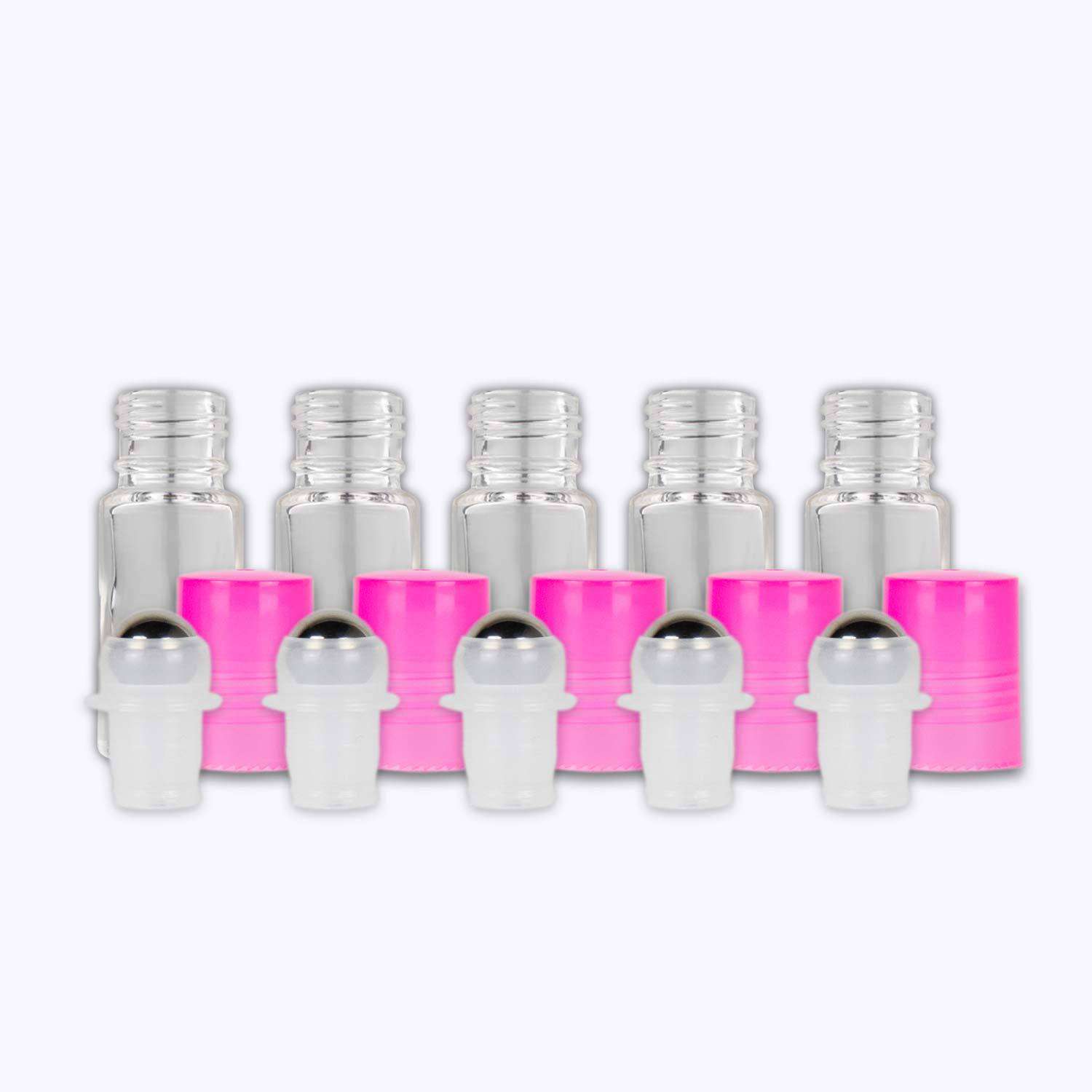 5 ml Clear Glass Roller Bottles (Pack of 5) Glass Roller Bottles Your Oil Tools Pink Stainless